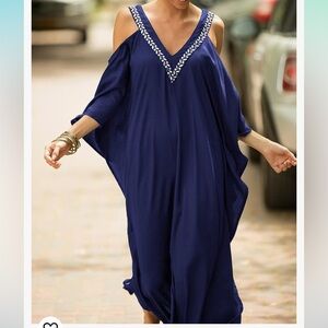 NWT DOSE cold shoulder navy/gold embroiled kaftan dress one size S to XL